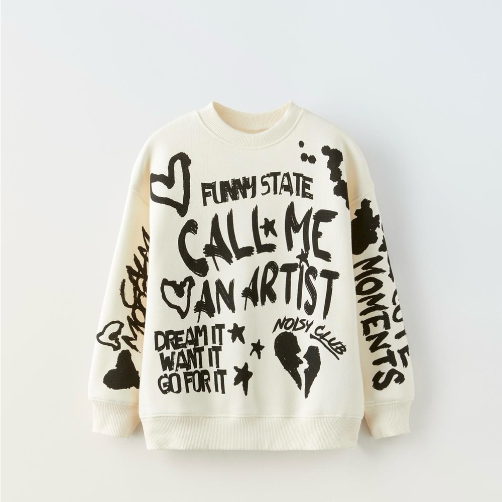 Zara Cream and Black Graphic Sweatshirt